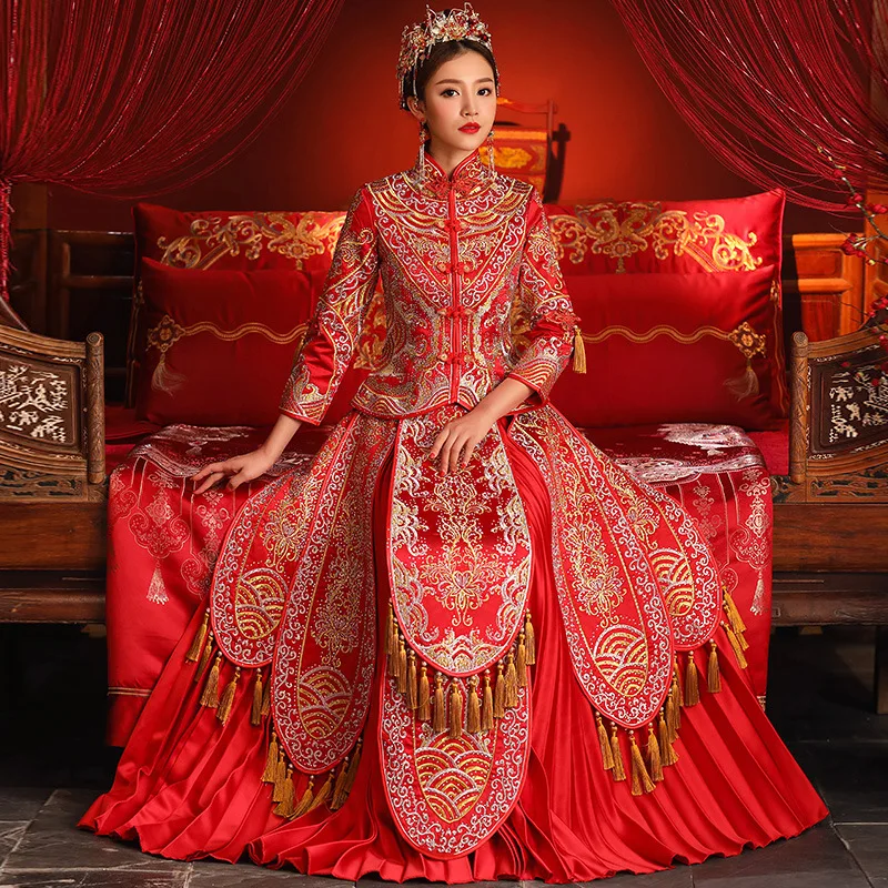 Китайский Красный Длинные Вышивка Феникс Qipao древних свадебное для невесты торжественное платье-Чонсам изысканное платье подарок для