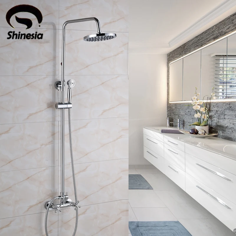 Solid Brass Chrome Bathroom Shower Faucet Sets 8" Rainfall Shower Head