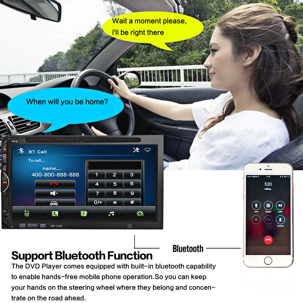 

1269 2 Din 7 inches Bluetooth V3.0 Auto Radio Double Din 32GB Car DVD Player In-dash Stereo Video Microphone Handsfree Calls