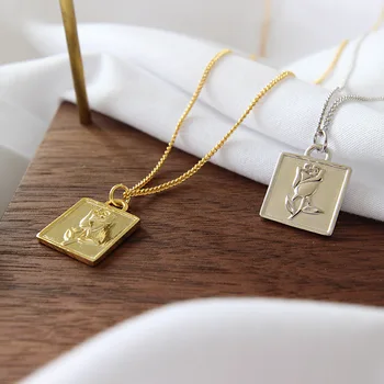 

1PC 18K Ywllow Gold Plated 100% Authentic 925 Sterling silver Geometric Square Rose Flower Necklace Long Pendant jEWELRY X73