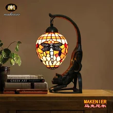 Makenier Винтажный стиль Тиффани витражная Красная Стрекоза Настольная лампа с цоколем кошки, 6 дюймов закрытый абажур