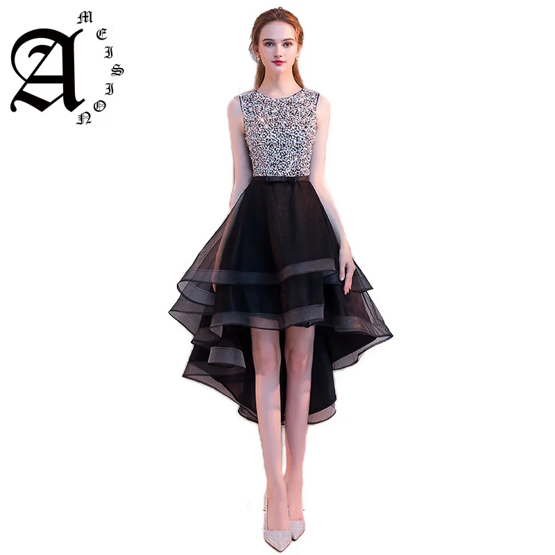 

2019 Hot Sale Lace-Up Formal Party Dresses Women Gown Sexy Scoop Neck High Low Short Evening Dresses with Beading Appliques