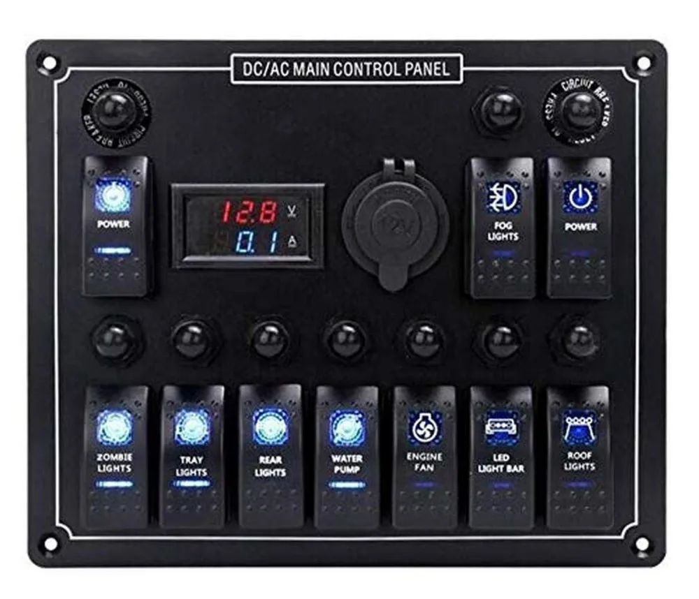

10 Gang Position LED Modified Auto Boat RV Headlight Fog lamp Switch Panel WITH POWER SOCKET AND VOLTMETER AMPMETER