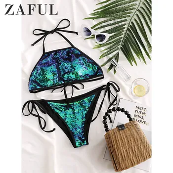 

ZAFUL Sexy Swimwear Swimsuit Self-Tie Sequined Halter Bikini Set Beach Suit Low Waisted Padded Women Beach Wear Bathing Suit 219