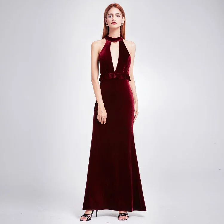 Robe De Soiree сексуальные велюровые вечерние платья Ever Pretty 07181 с глубоким v-образным вырезом Элегантные Бархатные вечерние платья сезона зима-осень - Цвет: 7180Burgundy