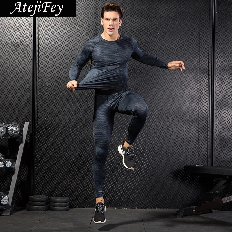 

AtejiFey 2018 Hot Running set Workout Gym Tracksuits Sport Fitness Quick Dry Men's Tight Men Clothing Suit Compression Sportwear