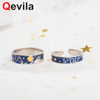 

Qevila Van Gogh Ring Real S925 Sterling Silver rings for women Open Couple Ring Moon Star Ring Men Wedding Engagement Lovers' Ring Gold Rings Romantic Vanlentines' Day Gift Luxury Jewelry Boho Punk Fashion Ring