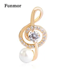 Funmor CZ Zircon Music Note Brooches Simple Style Simulated Pearl Small Brooch Hijab Pins Collar Clip