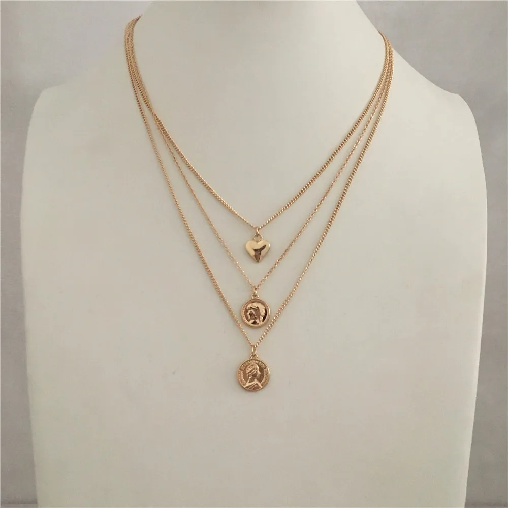 

TRENDY GOLD COLOR HEART ROUND DISC COIN PENDANT LAYERED NECKLACE FOR WOMAN GIRL