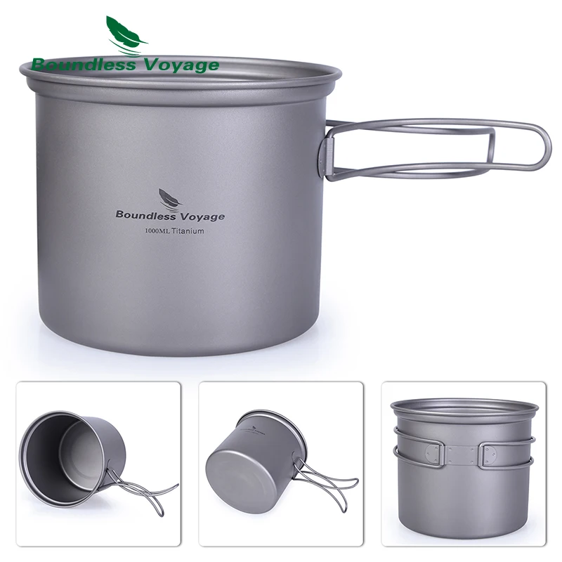 Portable Tableware Camping Cookware Titanium Tableware Titanium Bowl Pot Set with Folding Handle Outdoor Camping Picnic Ultralight Cooker Tableware 1000ml + 500ml