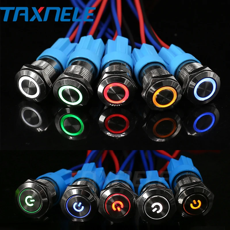 

12mm LED Light Metal Push Button Switch 5 Colors 4 Pin annular Car power signal Power Button Switch 3V 6V 12V 24V 220V