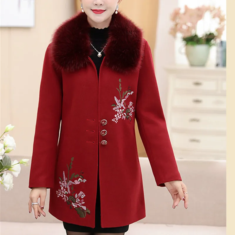 D'âge Hiver Gray red Broderie Yummycook Single A157 Vêtements Femmes Col light Épaississement breasted Laine Lâche Moyen Veste Purple De Fourrure dark Automne Purple wUUqET