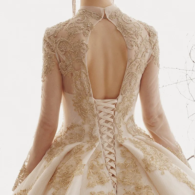 Vestido De Novias винтажное свадебное платье цвета шампань с длинными рукавами Роскошные свадебные платья Дубай кружева свадебное платье с аппликацией
