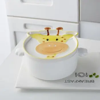 

Bowls cute Giraffe instant noodles bowl with cover Cartoon double ear ceramic soup bowl Creative Japanese style tableware HJ69.5