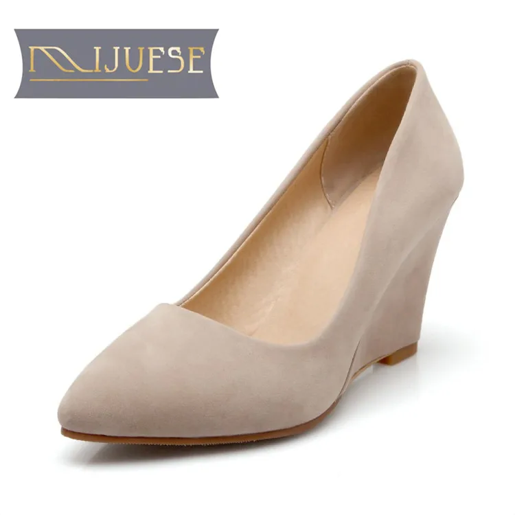 

MLJUESE 2018 women pumps autumn spring pointed toe Flock green color high heels wedge pumps women size 32-43 women party dress