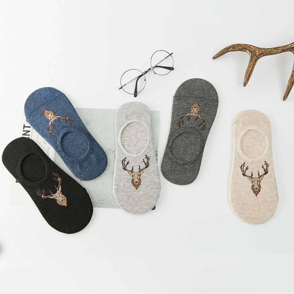 

2019 Summer Man Shallow Mouth Invisible Socks Cartoon Elk Animal Pattern Harajuku Ankle Sock Silicone Non-slip Thin Boat Socks