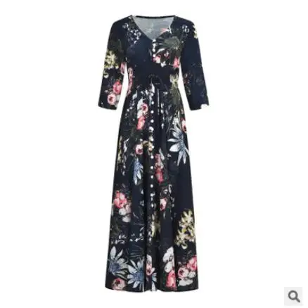 Винтажное разноцветное летнее платье, сексуальное пляжное платье с v-образным вырезом в стиле бохо, женское элегантное платье в богемном стиле, женское повседневное Длинное Платье Макси - Цвет: Тёмно-синий