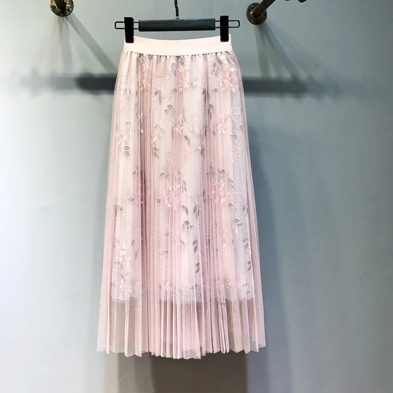 Olgitum летние женские сетчатые юбки с вышивкой шифоновые плиссированные цветочные рубашки SK212