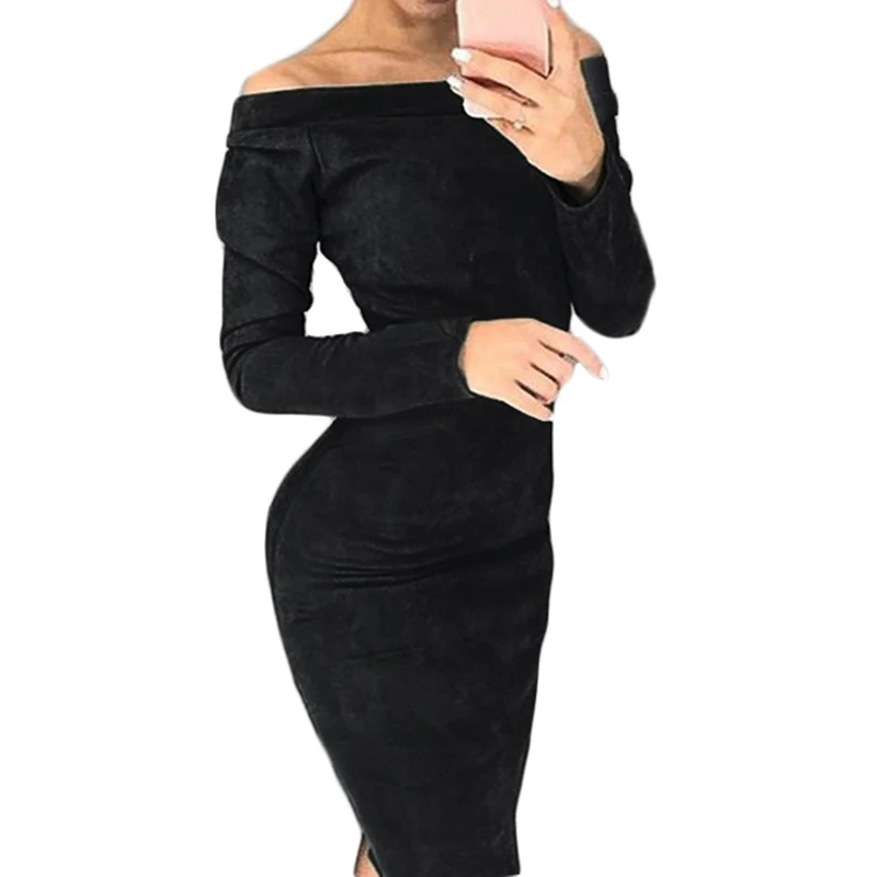 2018 Sexy Bodycon Off Shoulder Autumn Winter Women Dress Female Womens Holiday Party Casual Dresses Femme Solid Color Vestidos