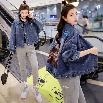 

Vintage Portrait Patch Loose Punk Denim Jacket Women Long Sleeve Letter Printed Oversize Harajuku Street wear Jeans Coat Female