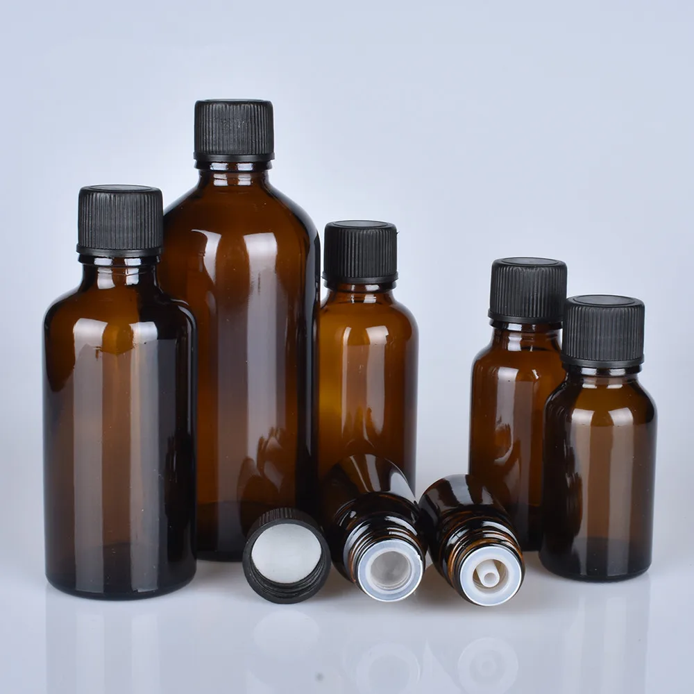 6pcs/lot 100ml 50m 30ml 20ml 15ml 10ml 5ml 1/3oz 1oz Thick Amber Essential Oil Glass Bottles With Black Cap Glass Containers small empty matte black boston round glass essential oil e liquid bottle with aluminum screw cap 5ml 10ml 20ml 30ml 50ml 100ml