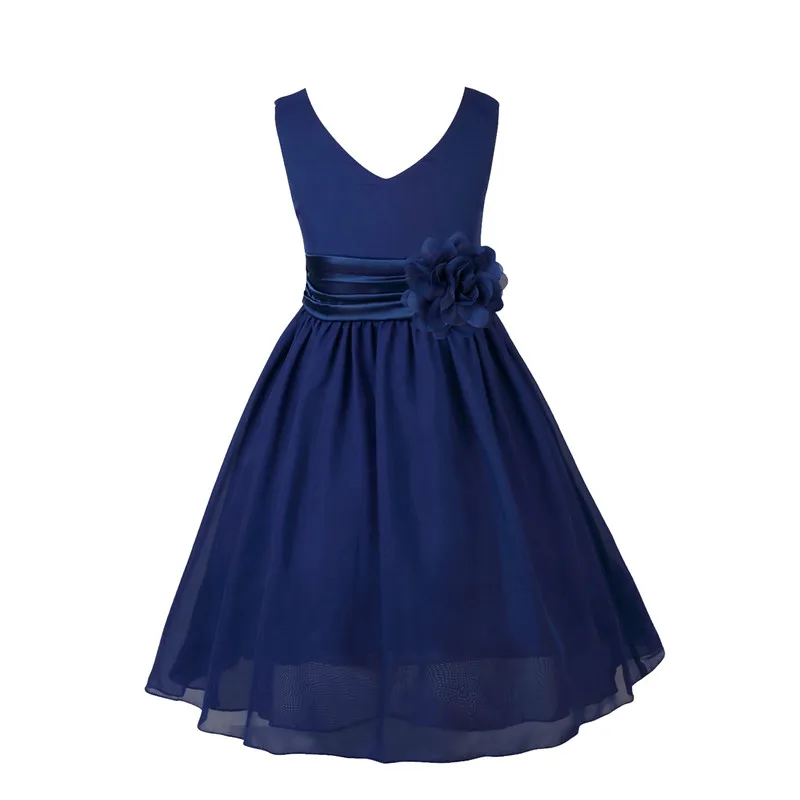 Детское бальное платье для девочек, шифоновое платье с v-образным вырезом для выпускного бала, Vestidos, платье с цветочным узором для девочек, Летнее нарядное платье для девочек на свадьбу, повседневное торжественное платье - Цвет: Navy Blue