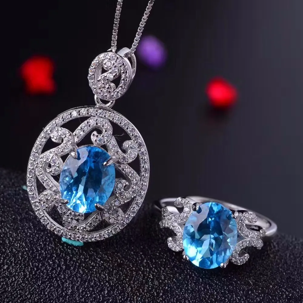 

MeiBaPJ Natural Blue Topaz Jewelry Set 925 Pure Silver Ring Pendant Necklace 2 Suits Fine Wedding Jewelry for Women