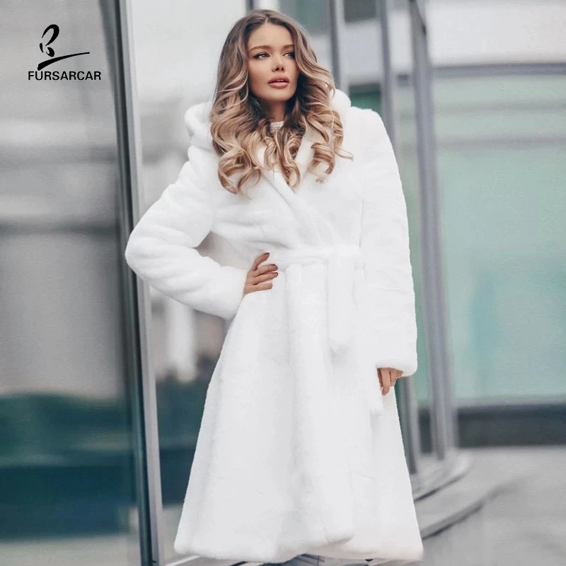 

FURSARCAR 2019 New Womens White Genuine Real Rex Rabbit Fur long Winter Hooded Coat For Female Fashion Luxury Natural Fur Jacket