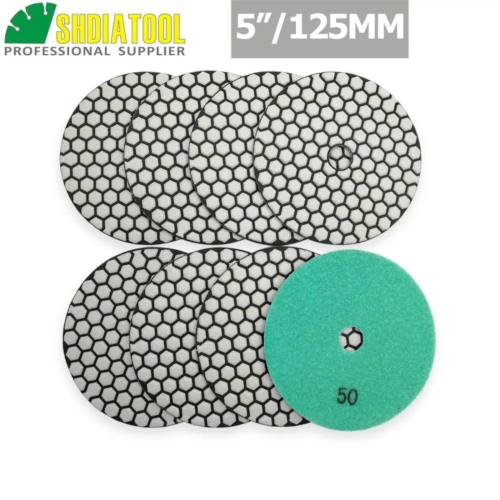 SHDIATOOL 8pcs Grit#50 5inch Diamond Flexible Dry Polishing Pads Sanding Disc Granite Marble Ceramic Quartz Stone Polisher Pad shdiatool 8pcs set diamond core drill bits m14 20 25 32 35 40 50 60 68mm set for porcelain tile granite marble ceramic hole saw