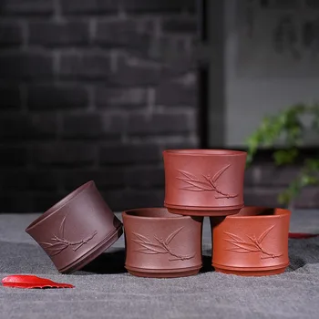 

2PCS/Lot 80ML Yixing Purple Clay Puer Teacups Emboss Bamboo Leaves Master Mini Zisha Tea Cup Office Vintage Teaware Sent Friends