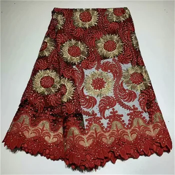 

African swiss voile lace High Quality 2019 red african guipure cord lace fabric with stones for women