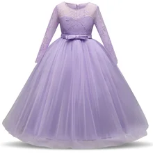 От 5 до 14 лет, белое кружевное длинное свадебное платье для девочек Платья принцессы с бантом, платье подружки невесты, Vestido, костюм для подростка, детские платья