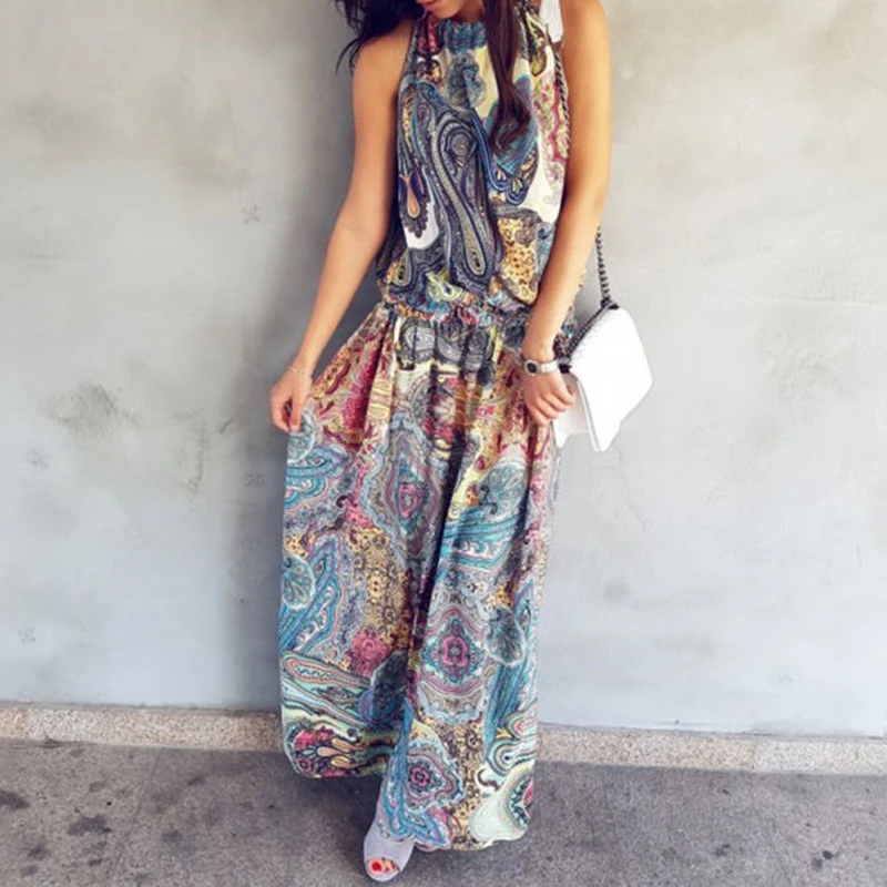 Vintage Floral Printed Boho Beach Dress Woman Casual Loose Halter Sexy Holiday Long Sundress Sleeveless Summer Dresses Vestido