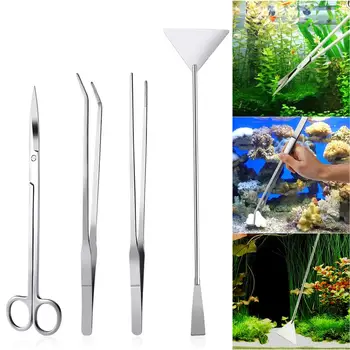 

4PCS Aquarium Stainless Steel Tweezers Aquatic Plant Tweezers And Scissors Spatula Tool Cleaning Tools For Fish Tank Aquarium