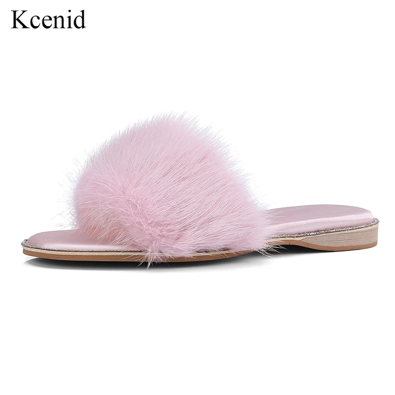 

Kcenid Real mink fur women slide sandals pink gray flats heel comfortable shoes woman fashion rhinestone outside casual slippers