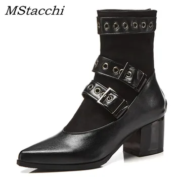 

MStacchi Pu Leather Autumn Winter Plush Warm Short Boots Women Pointed Toe Ankle Boots Ladies Black Riding Boot Large Size 32-48