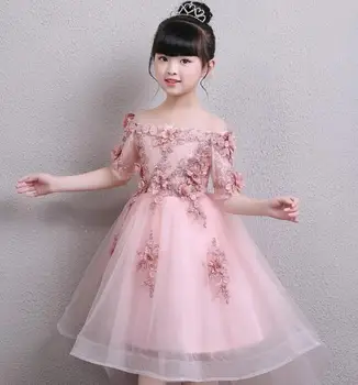 

summer brand Handmade lace Pink weddings Girl dress Appliques Evening Party Dresses Half Sleeve Baby Christening Girls Dresses