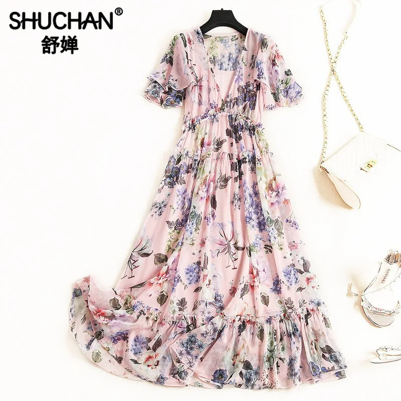 

Shuchan Bohemian Summer Dresses with Floral Print A-Line Print Mid-Calf Butterfly Sleeve V-Neck Elegant Women Dress Korean 12052
