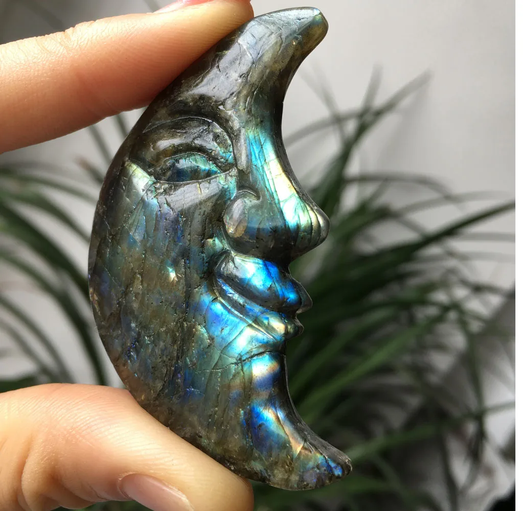 

37g High quality natural hand carved quartz crystal labradorite Moon Face for gift
