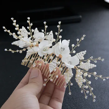 

Handmade Pearl Floral Hair Comb Gold Wired Bridal Accessories Wedding Jewelry Hair Decoration Headpieces