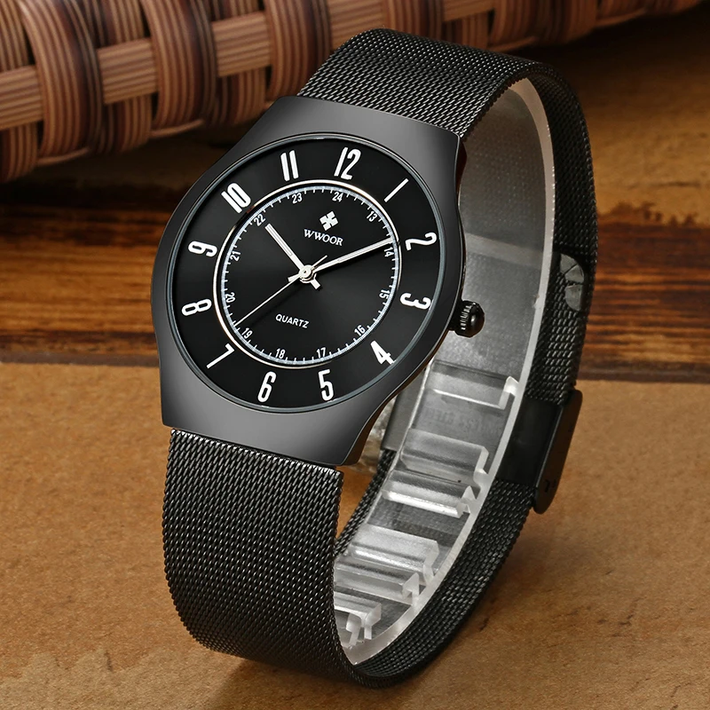 Топ люксовый бренд WWOOR мужские Ультра тонкие водонепроницаемые спортивные часы мужские кварцевые наручные часы мужские черные часы relogio masculino