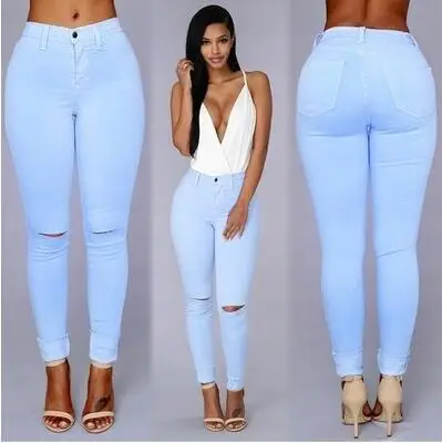 Рваные джинсы для женщин с высокой талией,, джинсы для женщин, обтягивающие, обтягивающие, женские джинсы, женская одежда размера плюс, брюки - Цвет: Синий