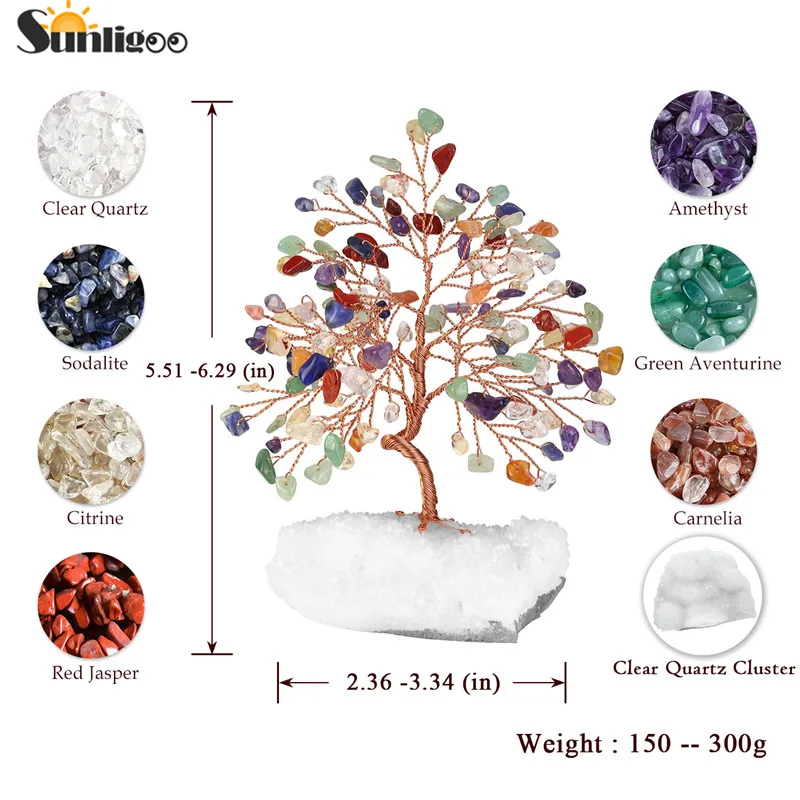 Sunligoo 1pc Natural Stone Feng Shui Bonsai Money Tree on Clear Quartz Cluster Base for Protection Healing Home Decor 5.51-6.29"