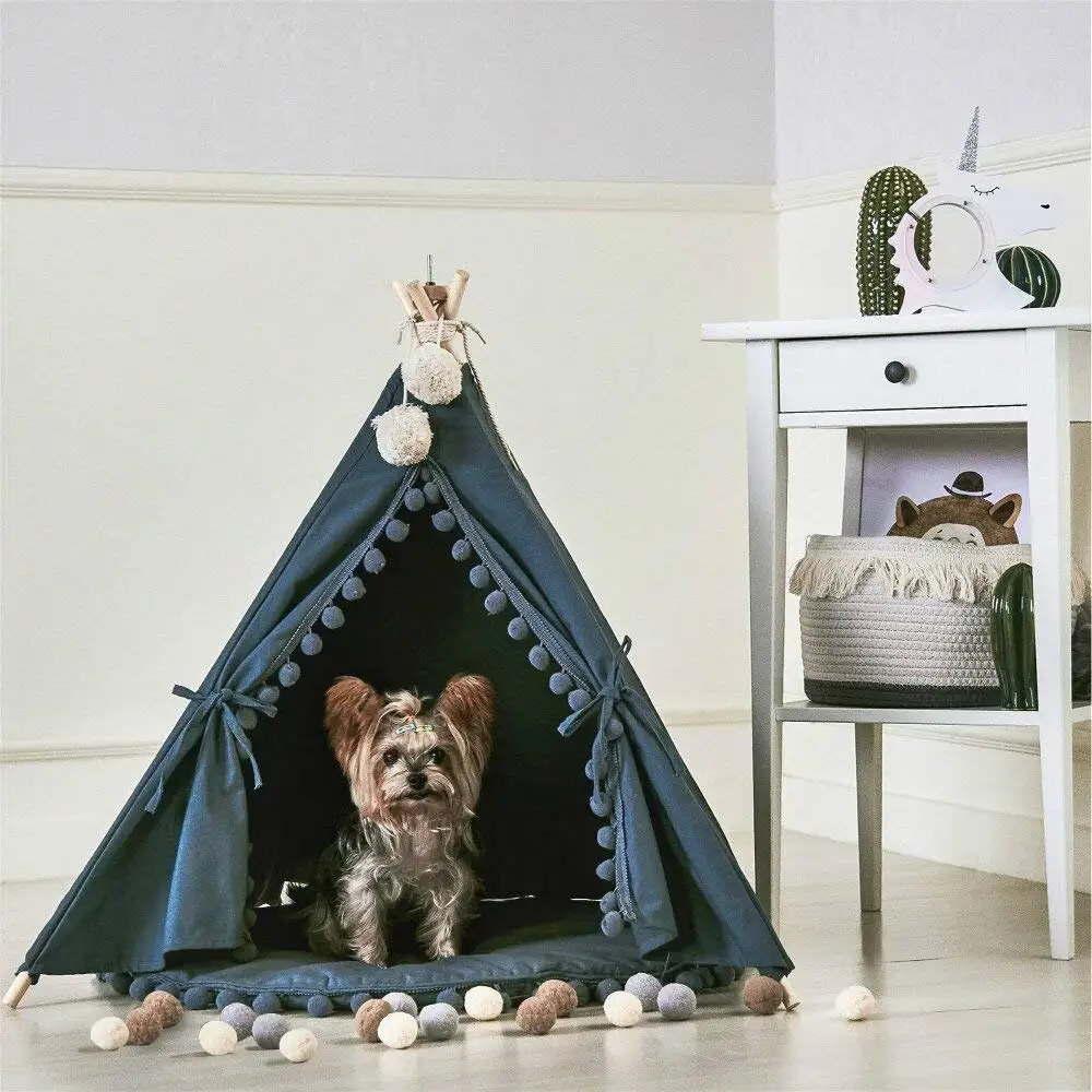 

Grey Canvas Pom Pom Pet Teepee with Mat