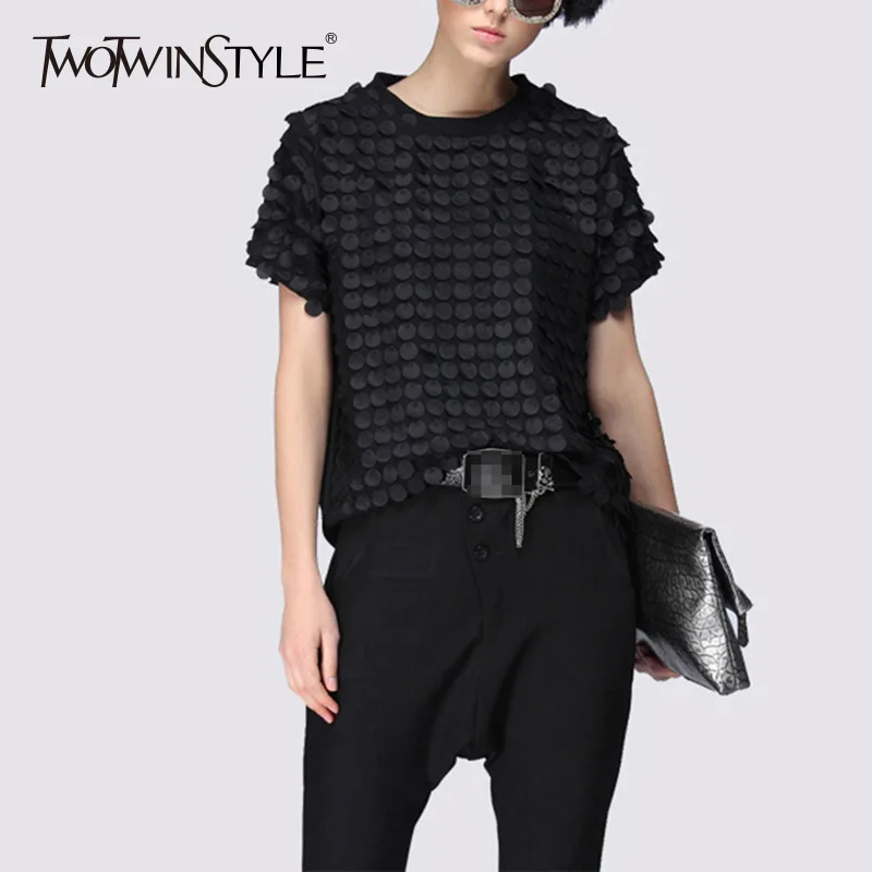 Comprare TWOTWINSTYLE Increspature Nero MAGLIETTE Delle Signore Della Camicia Patchwork O Collo Manica Corta Oversize T Camicette 2019 Estate Casual Magliette e camicette Abbigliamento