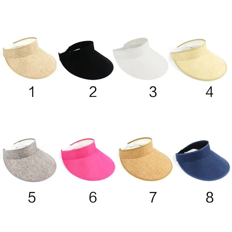 

8 Colors Unisex Summer Breathable Straw Braid Linen Sun Visor Cap Vintage Plaid Solid Color Empty Top Outdoor Beach Hat With Str