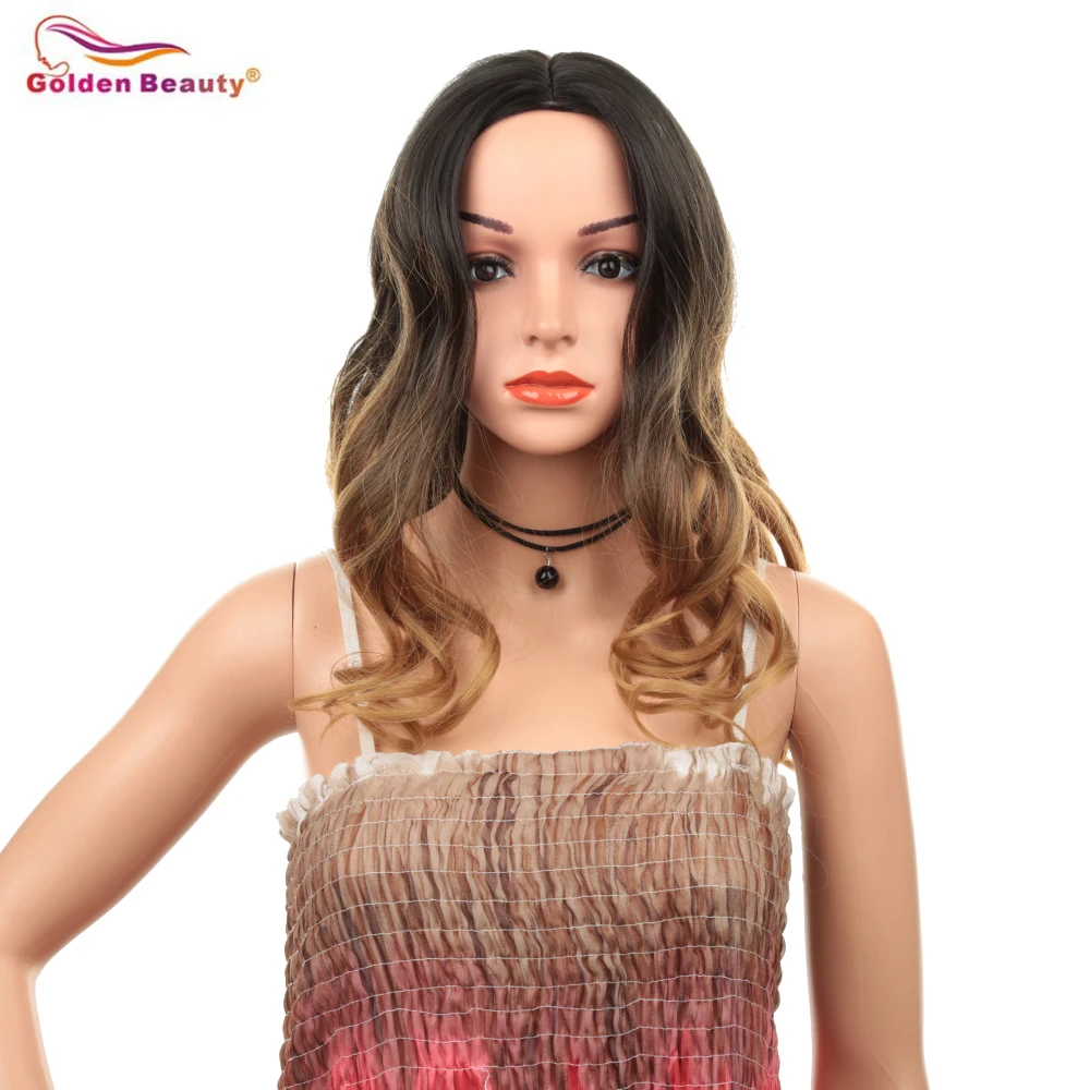 

Middle Part Body Wave Synthetic Wig Dark Roots Heat Resistant Hair Wavy Wig with soft and manageable Net Golden Beauty