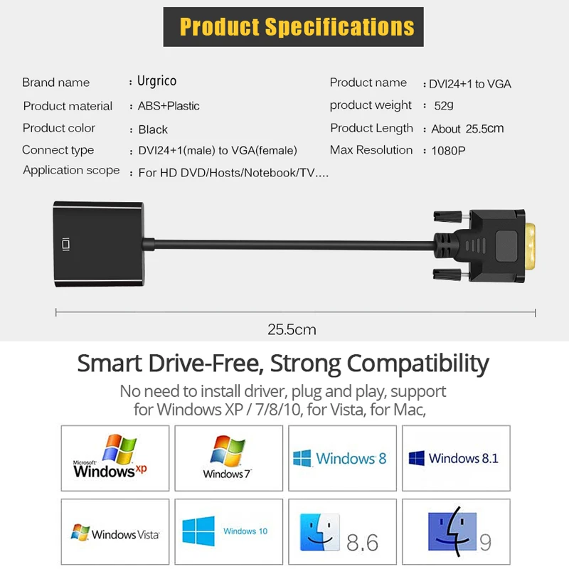 Urgrico DVI Мужской к VGA Женский видео конвертер DVI кабель 24+ 1 25 Pin DVI-D к VGA Кабель-адаптер для ТВ PS3 PS4 ПК дисплей 1080P