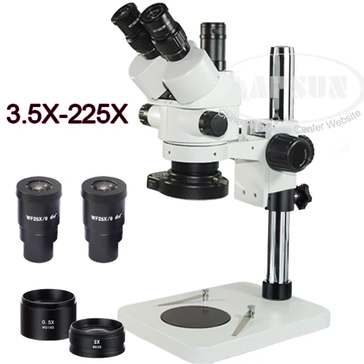 

3.5X - 225X Simul-focal Trinocular Industry Inspection Zoom Stereo Microscope Set Stand for PCBA Soldering Coin Inspection