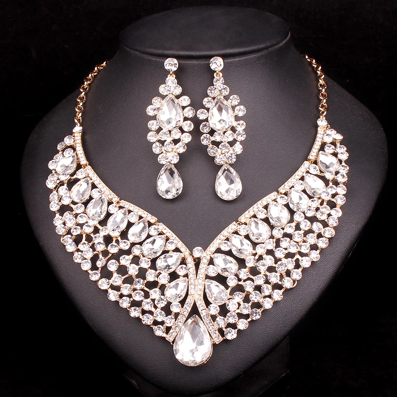 Fashion Indian Jewellery Crystal Necklace Earrings Bridal Jewelry Sets For Brides Party Wedding Costume Accessories Decoration